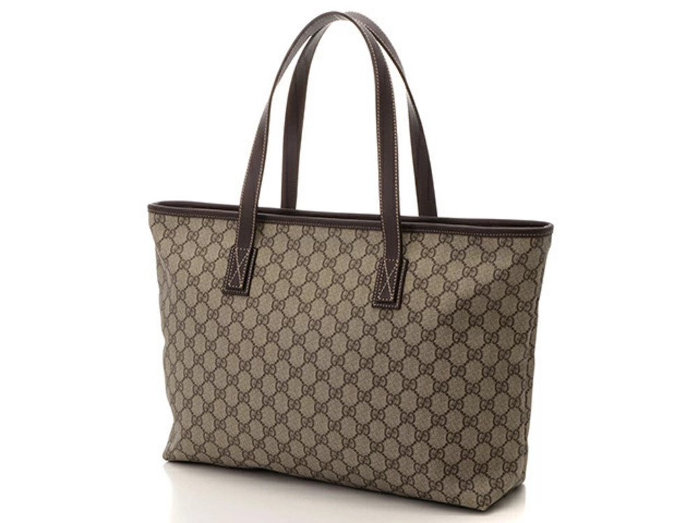 Gucci GG Supreme Tote Bag Dark Brown Beige Cream Canvas Calfskin